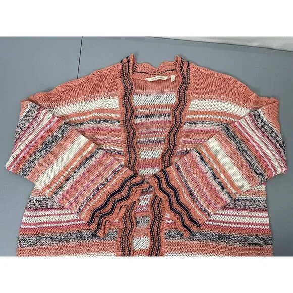 Soft Surroundings Cardigan Sweater Open Front Tunic Stripes Coral Pink Womens L - Picture 3 of 9